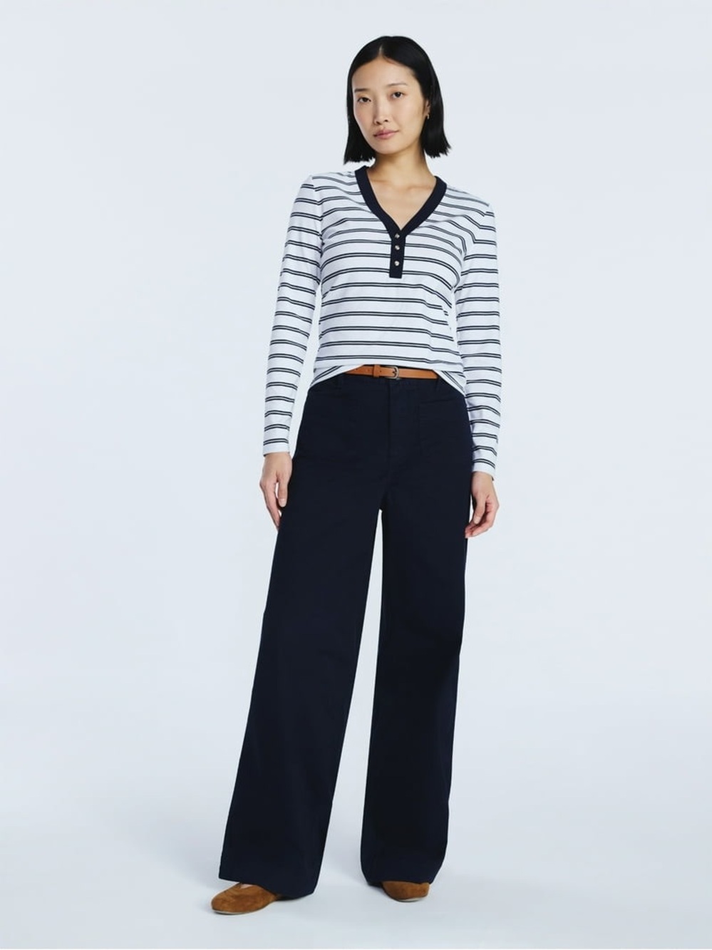 FREE ASSEMBLY Navy White Nautical Striped Longsleeve Top Gold Buttons Coastal S